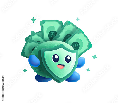 Cute cartoon character with shield protecting money