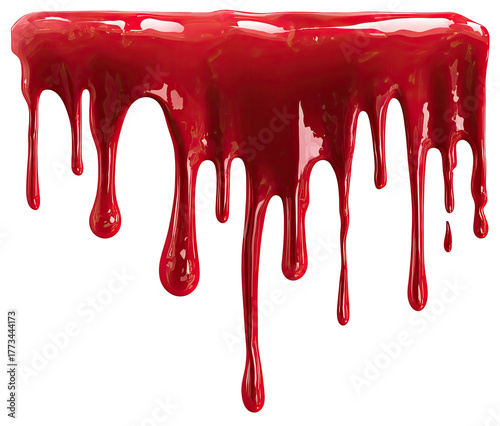 Thick, viscous red liquid dripping downwards against black background