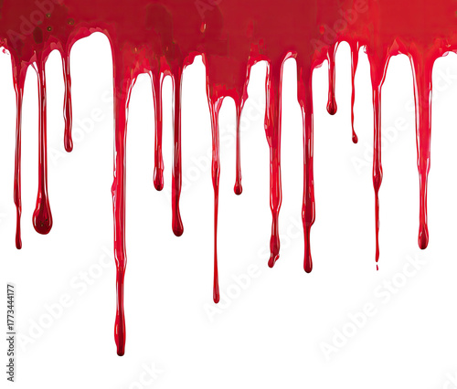 Dripping viscous crimson liquid against a stark black background