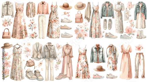 Watercolor illustration of feminine floral fashion outfits with dresses, jackets, hats, shoes, and accessories. Perfect for fashion design, lookbook creation, and modern wardrobe branding.
