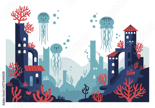 Minimalist Vector Art: Anthropomorphic Jellyfish Philosophers Debating Ethics Underwater