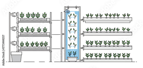 Vertical Farming NFT Diagram, Minimalist Vector Design, Hydroponics System