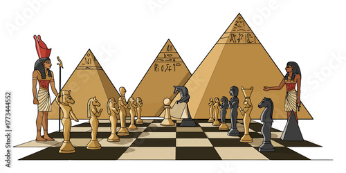 Egyptian Gods Play Chess: Minimalist Vector Art on Pyramid Boards