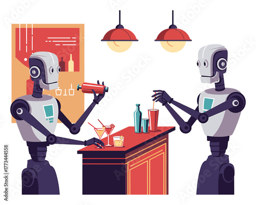 Art Deco Robot Bartenders, Futuristic Cocktails, Neon Speakeasy Vector Art