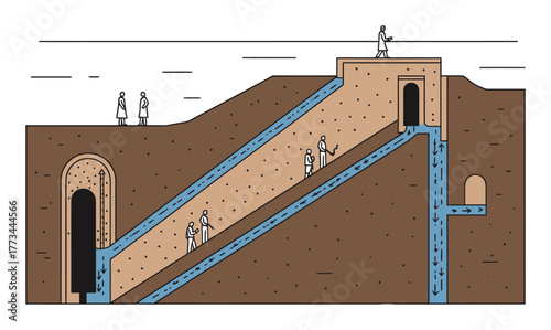 Ancient Qanat System Cross-Section: Minimalist Vector Design for Water Management History