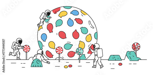 Astronauts Discover Candy Planet, Minimalist Vector Art, Space Exploration & Sweet Discovery