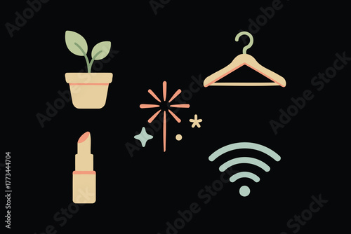 Aesthetic collection of icons featuring a potted plant sparkler hanger lipstick and wifi signal on black background