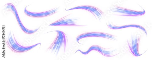 Flowing neon arcs in purple and cyan twist across a transparent PNG background, forming glowing motion waves. The vibrant trails suggest acceleration, energy, and futuristic aesthetics. Perfect for te