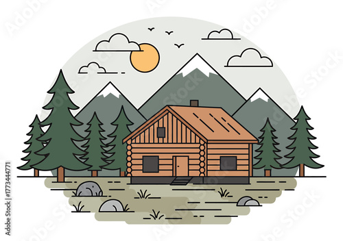 Digital Detox Retreat Nature Minimalism Vector Art, Clean Lines, White Background, High Contrast