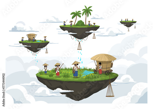 Floating Island Cloud Harvesting: Minimalist Vector Sky Agriculture