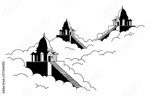 Minimalist Floating Temples on Cloud Staircase - Vector Art