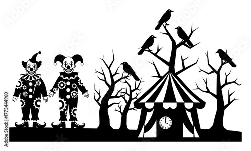 Minimalist Vector Art: Haunted Carnival Clowns, Fortune Telling Crows, Clockwork