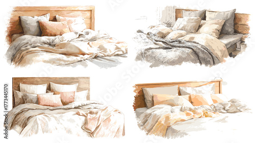 Watercolor illustration of cozy bedroom interiors with soft bedding, pillows, and blankets in neutral tones. Perfect for home decor design, interior styling, and lifestyle branding projects.