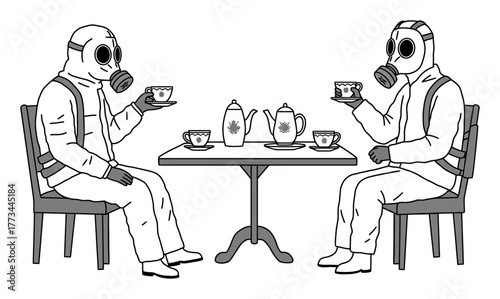 Post-Apocalyptic Survivors in Gas Masks Enjoy Minimalist Tea Party