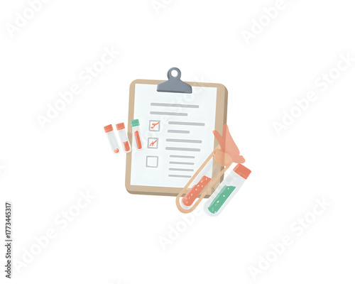 Medical test results on a clipboard with test tubes