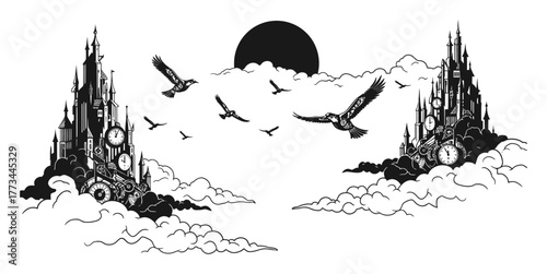 Surreal Clockwork Birds Migrate Dreamlike Cloud Kingdoms Eclipses Minimalist Vector