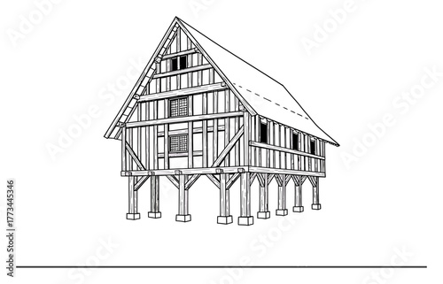 Medieval Timber Frame Structure, Minimalist Vector Architecture, Clean Lines, High Contrast