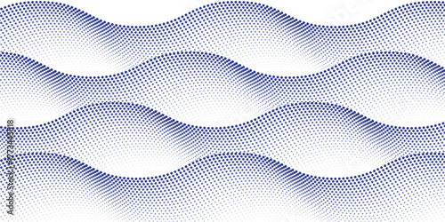Abstract wavy lines with blue dots. Halftone curve pattern. Vector illustration.