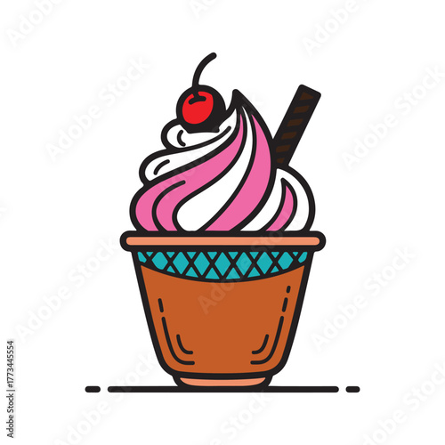 Chocolate ice cream sundae with cherry in a glass cup vector illustration