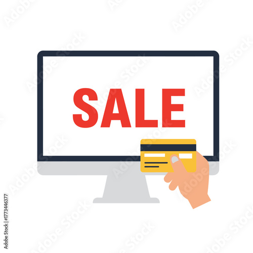 Online shopping sale, hand holding credit card in front of computer screen displaying the word SALE