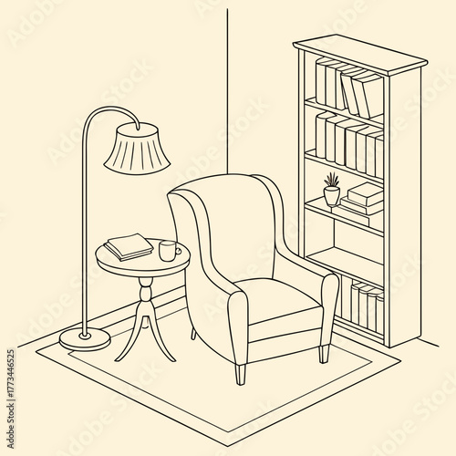 Cozy reading corner with armchair and bookshelf