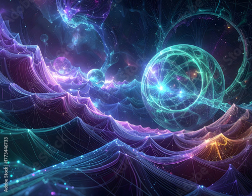 Abstract conceptual image of quantum computing with glowing energy spheres and rings