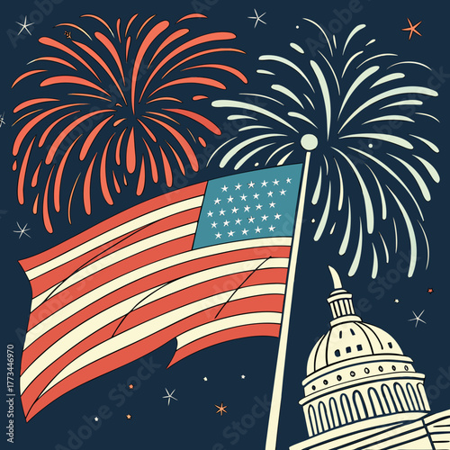 Retro 4th of july illustration with flag, fireworks, and capitol