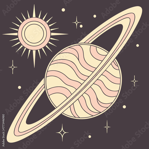 Retro style illustration of a planet with rings and a sun icon