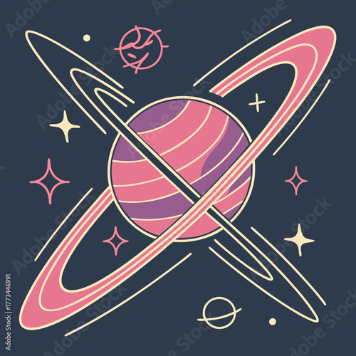 Retro style illustration of a planet with rings and stars in space