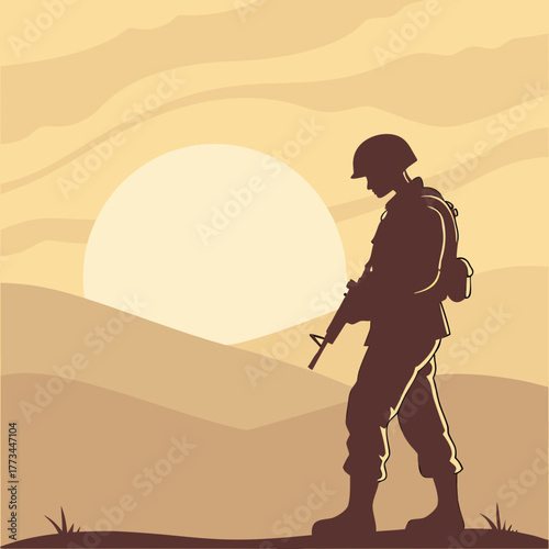 Silhouette of a soldier walking in desert at sunset or sunrise