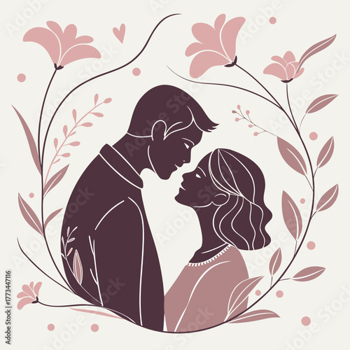 Silhouette of a couple in love looking at each other in flowers