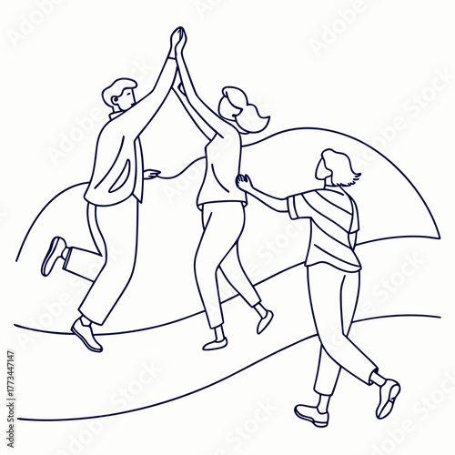 Three people jumping and giving high five