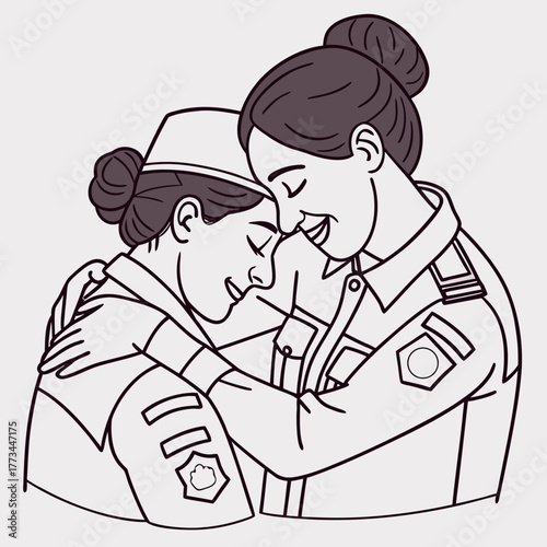 Two female officers hugging in line art