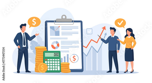 Business Analysis and Financial Growth Illustration with Team and Data.