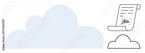 Cloud with a digital document featuring a signature represents secure storage, electronic signature, and data accessibility. Ideal for technology, security, innovation, agreements, cloud computing