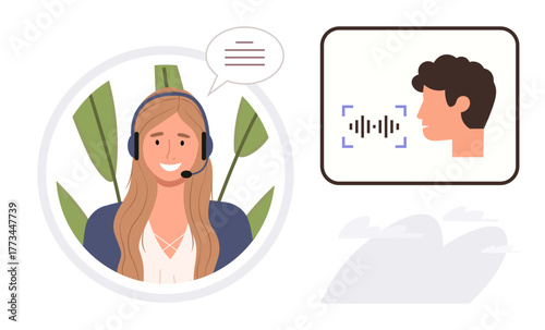 Smiling woman wearing headset, connected with client via conversational AI. Ideal for customer service, voice recognition, remote communication, call center, speech technology, AI, collaboration