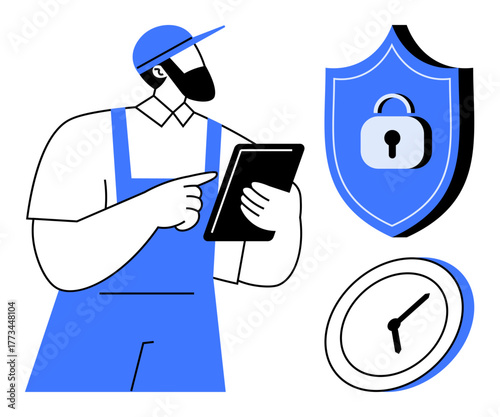 Worker holding tablet, shield with lock symbol, and clock. Ideal for security, logistics, time management, technology, reliability efficiency workplace organization. Simple flat metaphor