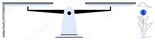 Balanced scale symbolizing equality beside a plant growing a coin, conveying financial growth, investment, and sustainability. Ideal for economics, balance, finance, equality, growth sustainability