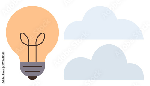 Light bulb glowing next to two soft clouds symbolizing innovation, brainstorming, and ideas. Ideal for creativity, inspiration, motivation, problem-solving, vision, imagination simple flat metaphor