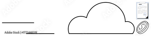 Cloud outline with document file and security seal, representing storage, sharing, backup, and encryption. Ideal for technology, data security, accessibility, workflow productivity privacy simple