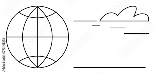 Globe with latitude and longitude lines paired with horizontal streaks and a cloud icon. Ideal for networking, internet, technology, globalization, connectivity, innovation, sustainability. A simple