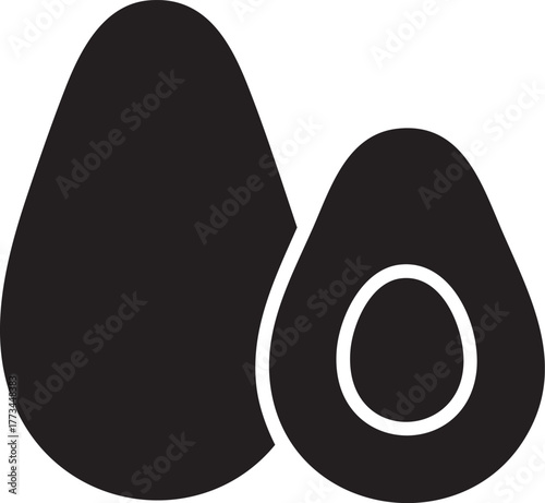 Two avocado halves and whole avocado silhouette isolated on white background