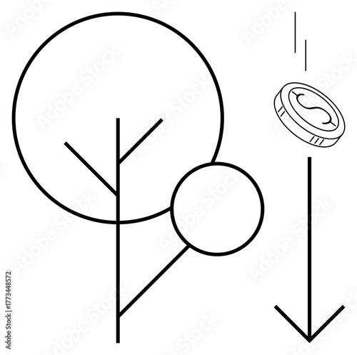 Coin falling next to simplified tree forms, symbolizing environmental depletion and monetary focus. Ideal for sustainability, environmental conservation, deforestation, resource management, financial