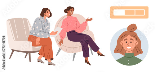 Women seated on chairs, conversing, profile avatar and horizontal progress bar. Ideal for networking, communication, feedback, self-development, teamwork collaboration online profiles. Simple flat