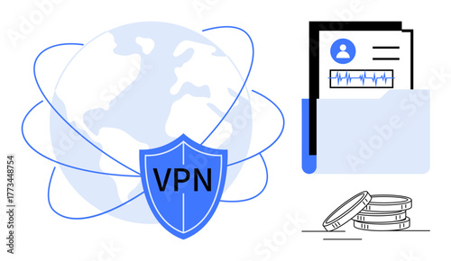 World map with VPN shield, secured file folder with personal data, and coins symbolizing protection, privacy, data safety, cybersecurity, encrypted connection, finance, simple flat metaphor