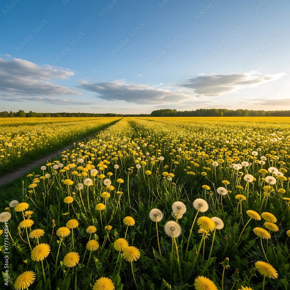 Fototapeta premium Dandelion Meadow at Sunset - A Serene Landscape of Wildflowers.