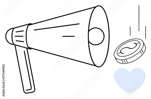 Megaphone with sound waves, falling coin, and heart representing fundraising, charity, donation, advocacy, communication, social impact, and non-profit action in simple flat metaphor