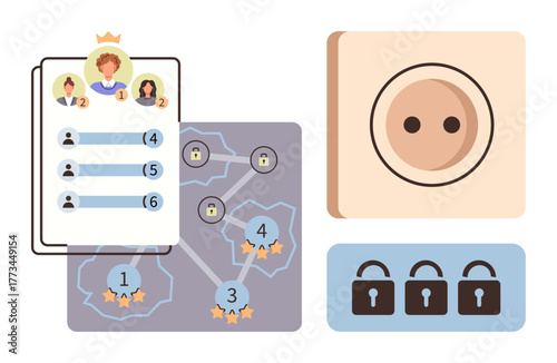 Leaderboard with ranked avatars, network diagram with progress levels, secure locks symbolizing restricted access. Ideal for competition, growth, learning, security, digital strategy, gamification