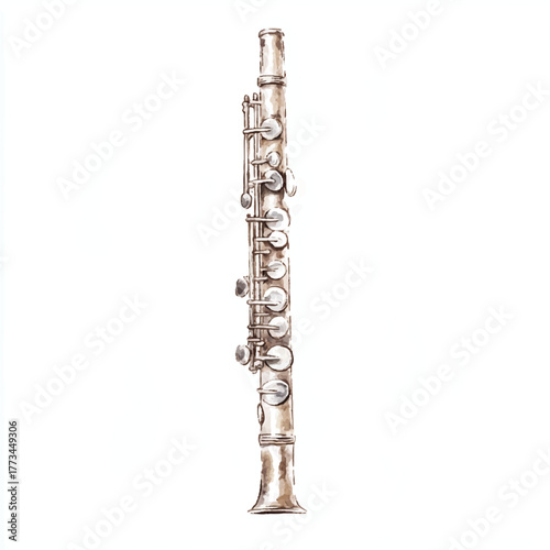 Detailed Watercolor Illustration of a Silver Clarinet.