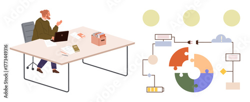Man sitting at desk analyzing a colorful process flow diagram with interconnected components and puzzle pieces. Ideal for workflow, efficiency, business strategy, digital solutions, teamwork